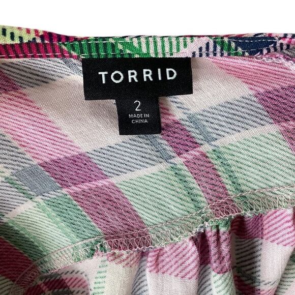 Torrid Top Women 2X Pink Plaid Babydoll Lattice Back Short Sleeves Stretch Waist - Picture 9 of 9